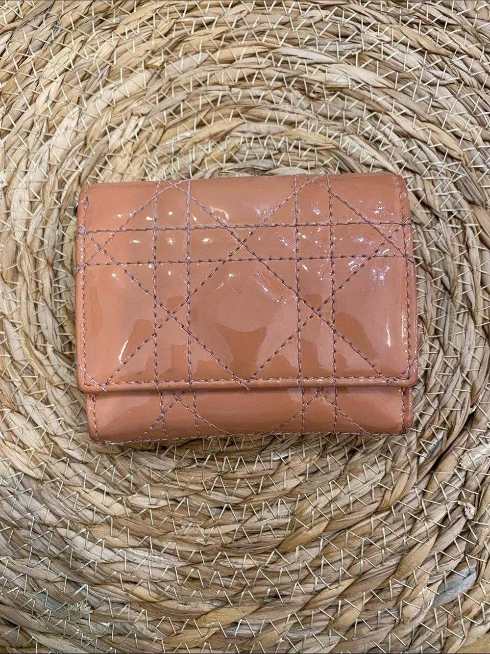 Lady Dior Lotus Quilted Patent Leather Cannage Wallet in Peachy Pink